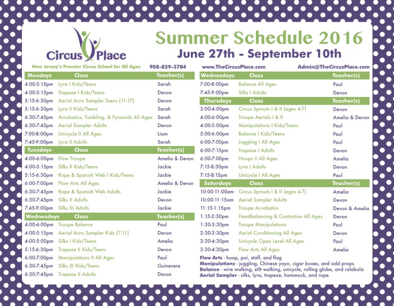 Circus Place Summer Schedule 2016 V2